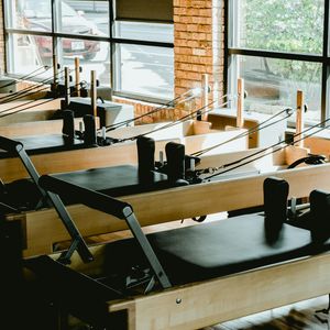 View of a calm, empty yoga studio with mats.